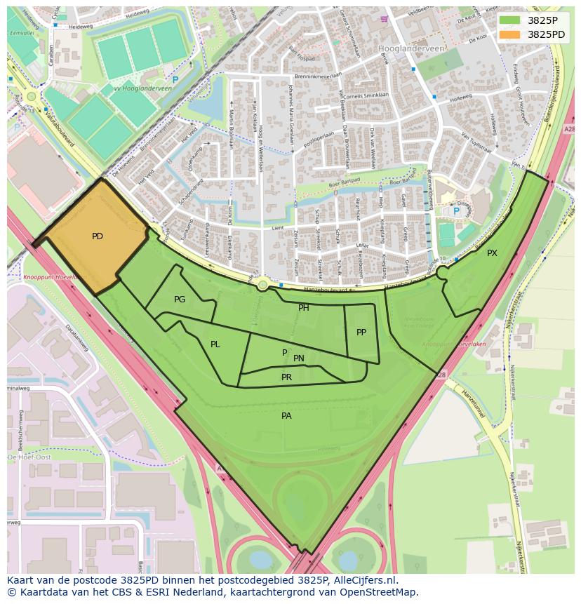 Afbeelding van het postcodegebied 3825 PD op de kaart.