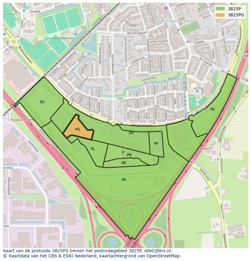 Afbeelding van het postcodegebied 3825 PG op de kaart.