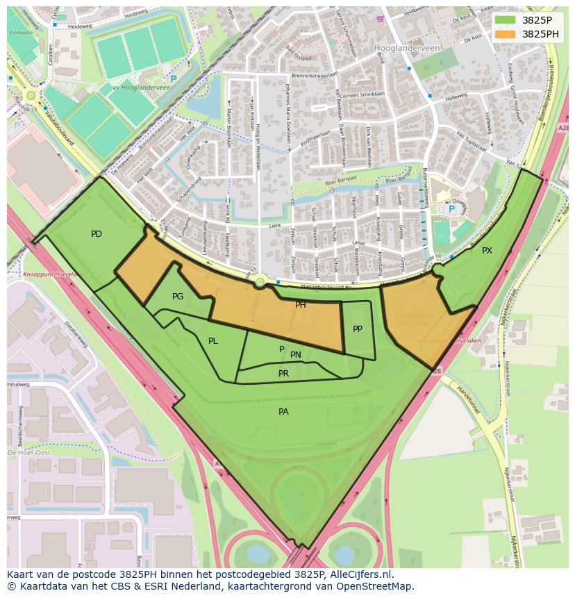 Afbeelding van het postcodegebied 3825 PH op de kaart.