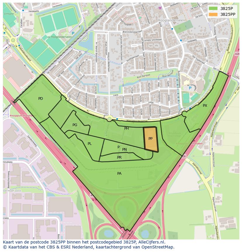 Afbeelding van het postcodegebied 3825 PP op de kaart.