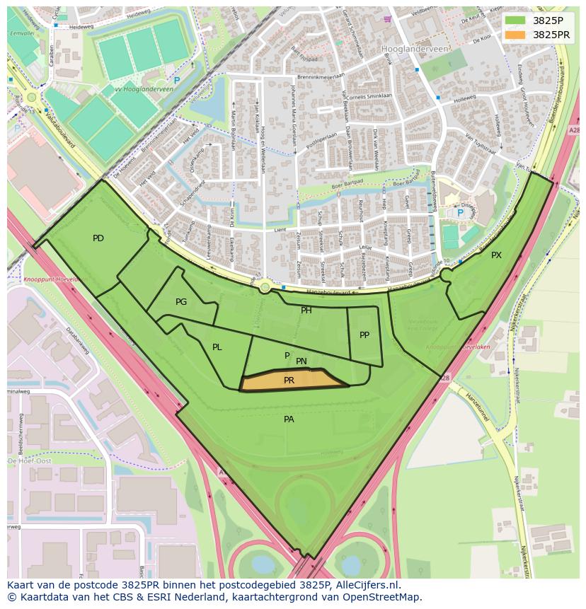 Afbeelding van het postcodegebied 3825 PR op de kaart.