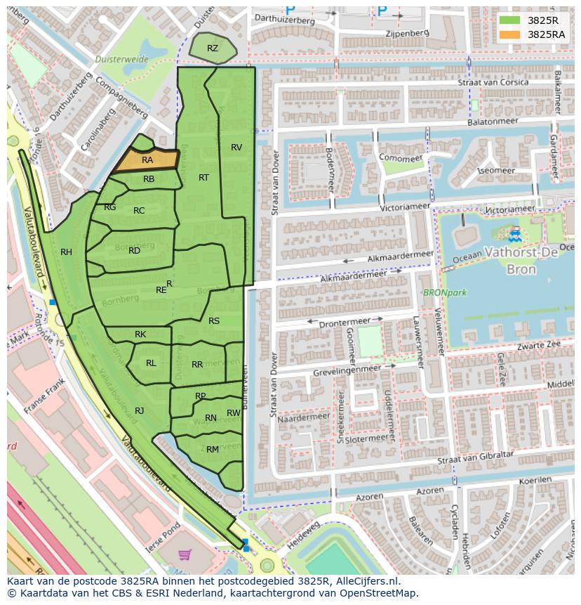 Afbeelding van het postcodegebied 3825 RA op de kaart.