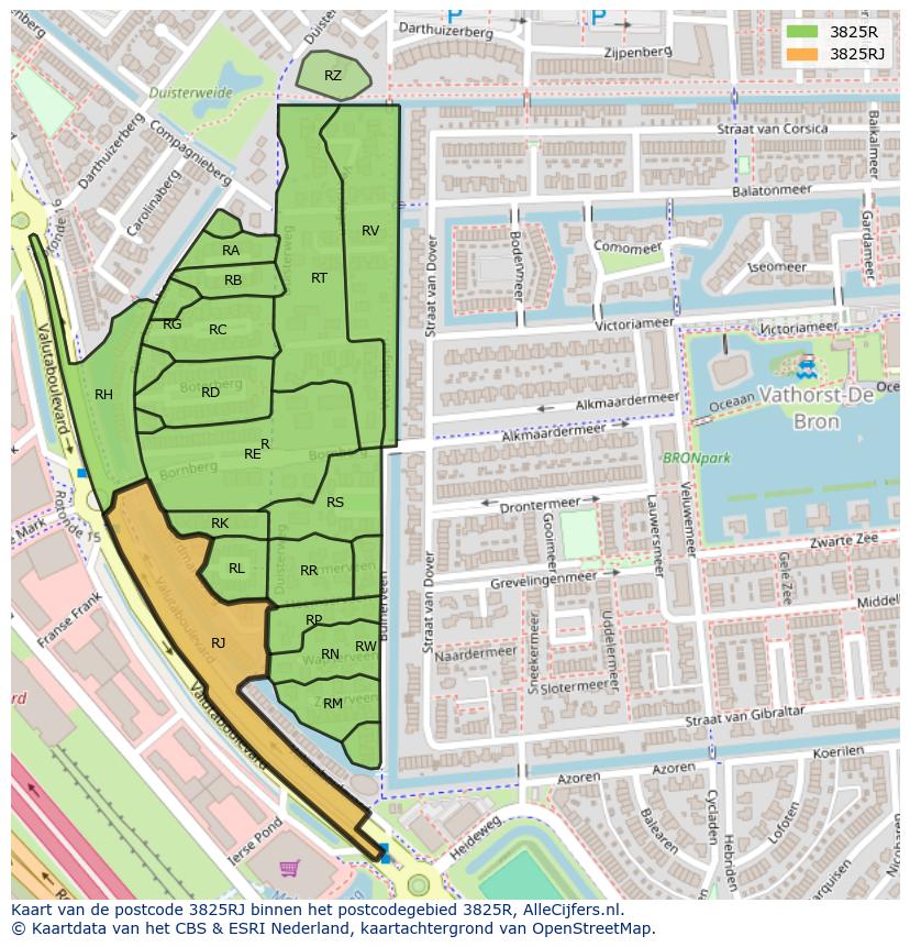 Afbeelding van het postcodegebied 3825 RJ op de kaart.