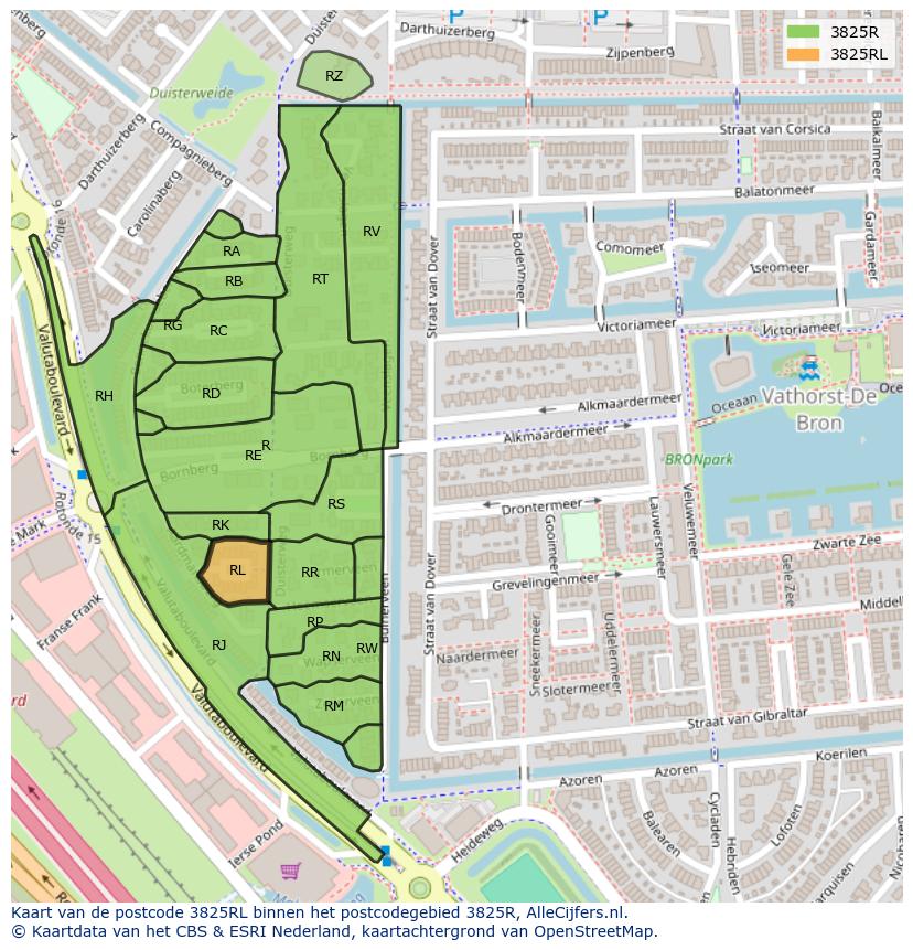 Afbeelding van het postcodegebied 3825 RL op de kaart.