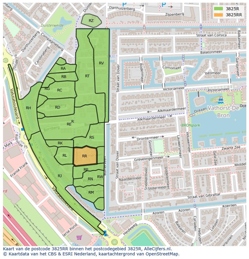 Afbeelding van het postcodegebied 3825 RR op de kaart.