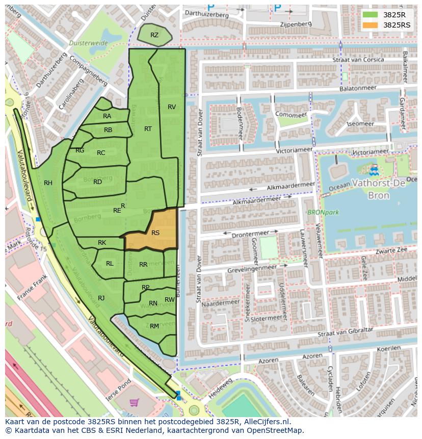 Afbeelding van het postcodegebied 3825 RS op de kaart.