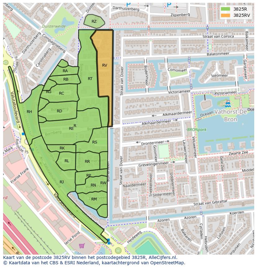 Afbeelding van het postcodegebied 3825 RV op de kaart.