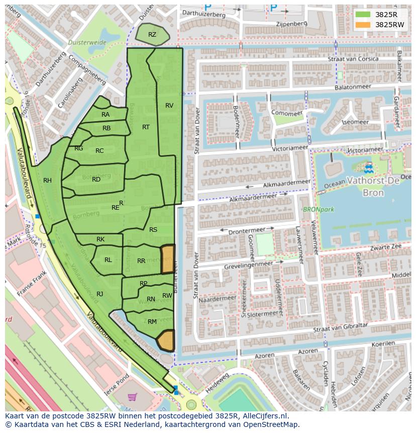 Afbeelding van het postcodegebied 3825 RW op de kaart.