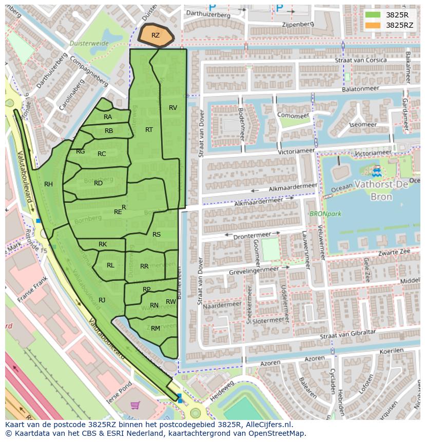 Afbeelding van het postcodegebied 3825 RZ op de kaart.