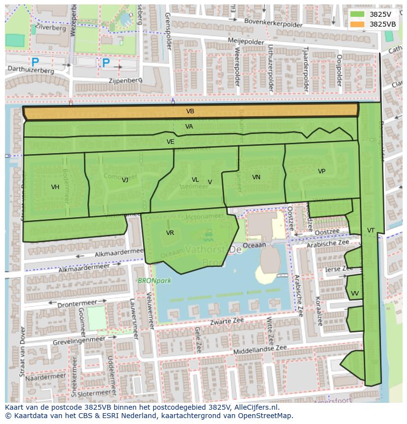 Afbeelding van het postcodegebied 3825 VB op de kaart.