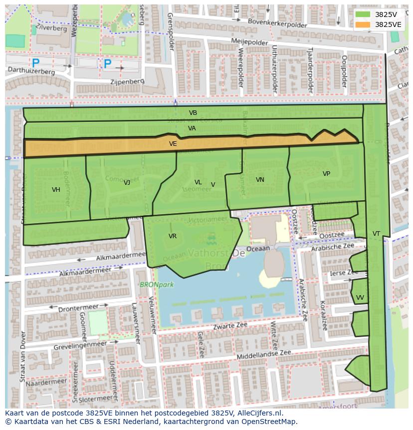 Afbeelding van het postcodegebied 3825 VE op de kaart.
