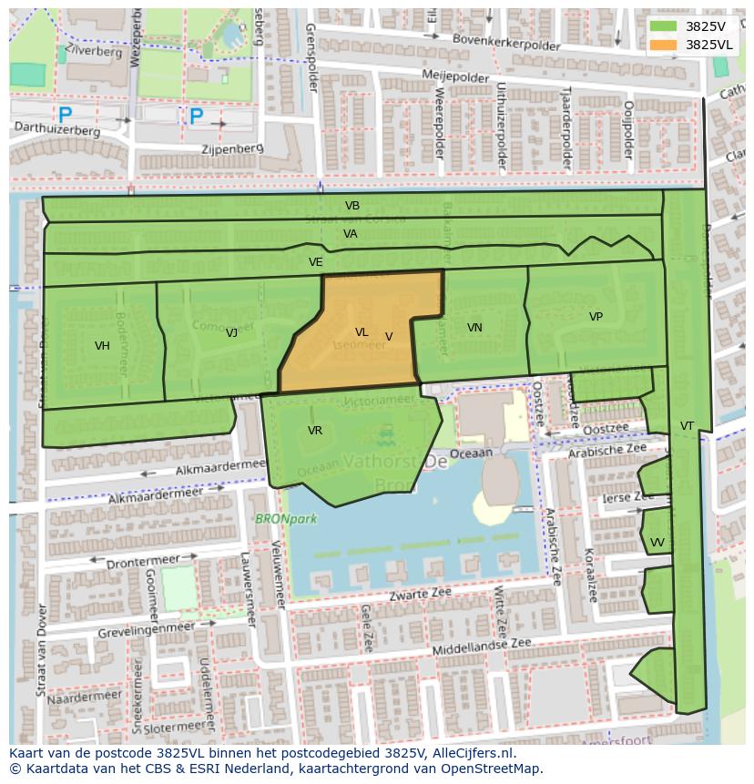 Afbeelding van het postcodegebied 3825 VL op de kaart.