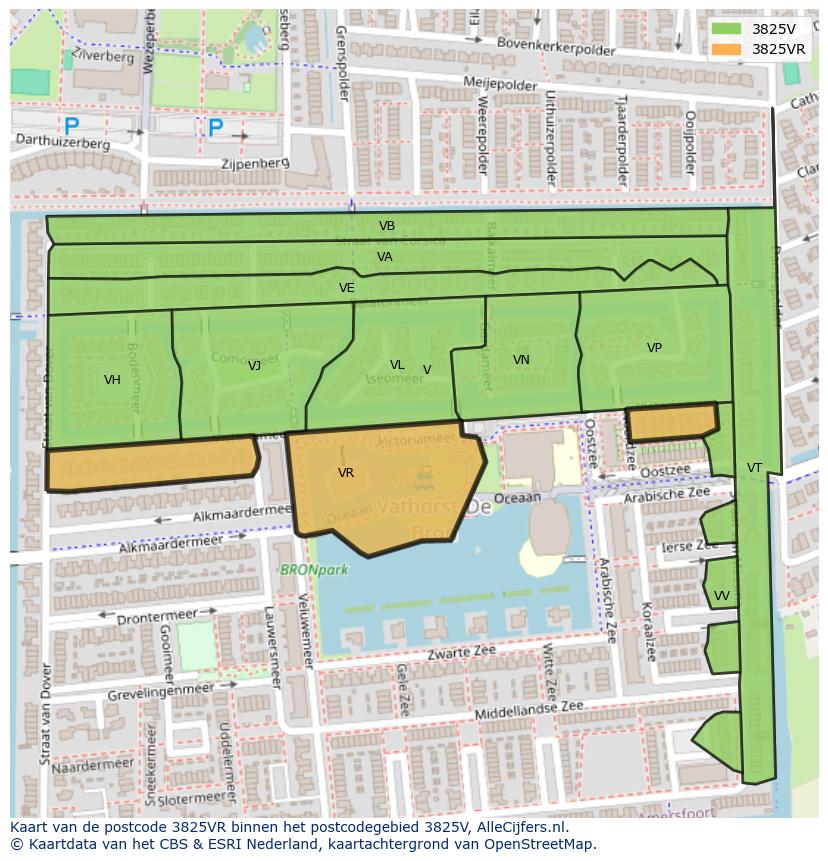Afbeelding van het postcodegebied 3825 VR op de kaart.