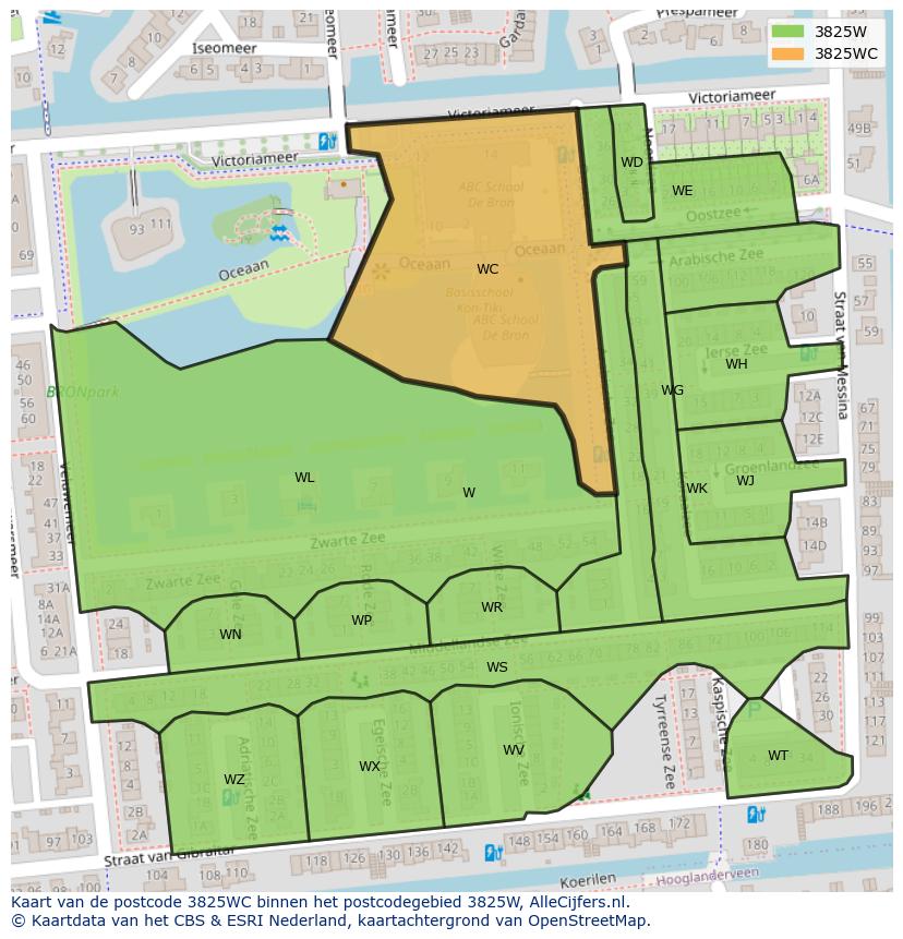 Afbeelding van het postcodegebied 3825 WC op de kaart.