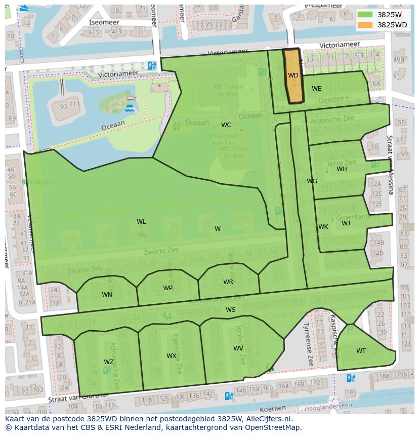 Afbeelding van het postcodegebied 3825 WD op de kaart.
