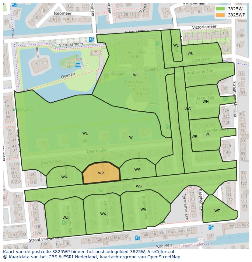 Afbeelding van het postcodegebied 3825 WP op de kaart.