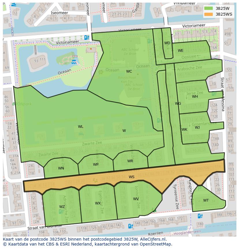 Afbeelding van het postcodegebied 3825 WS op de kaart.