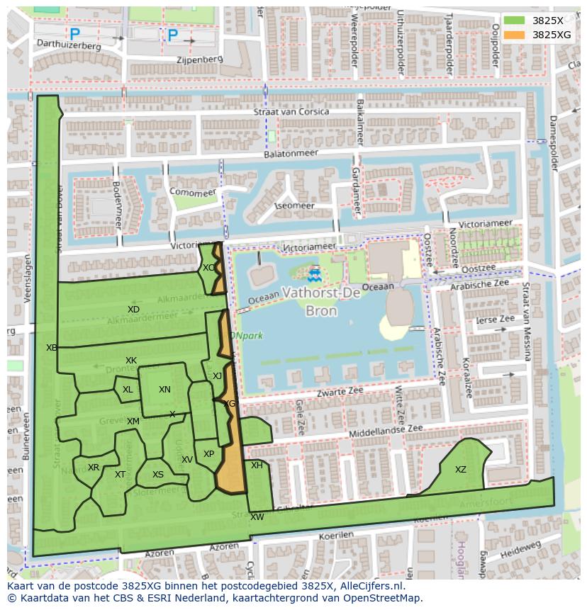 Afbeelding van het postcodegebied 3825 XG op de kaart.