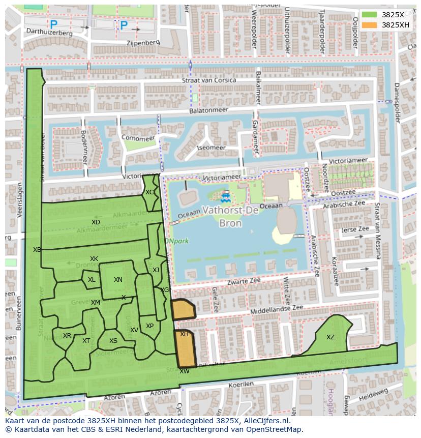 Afbeelding van het postcodegebied 3825 XH op de kaart.