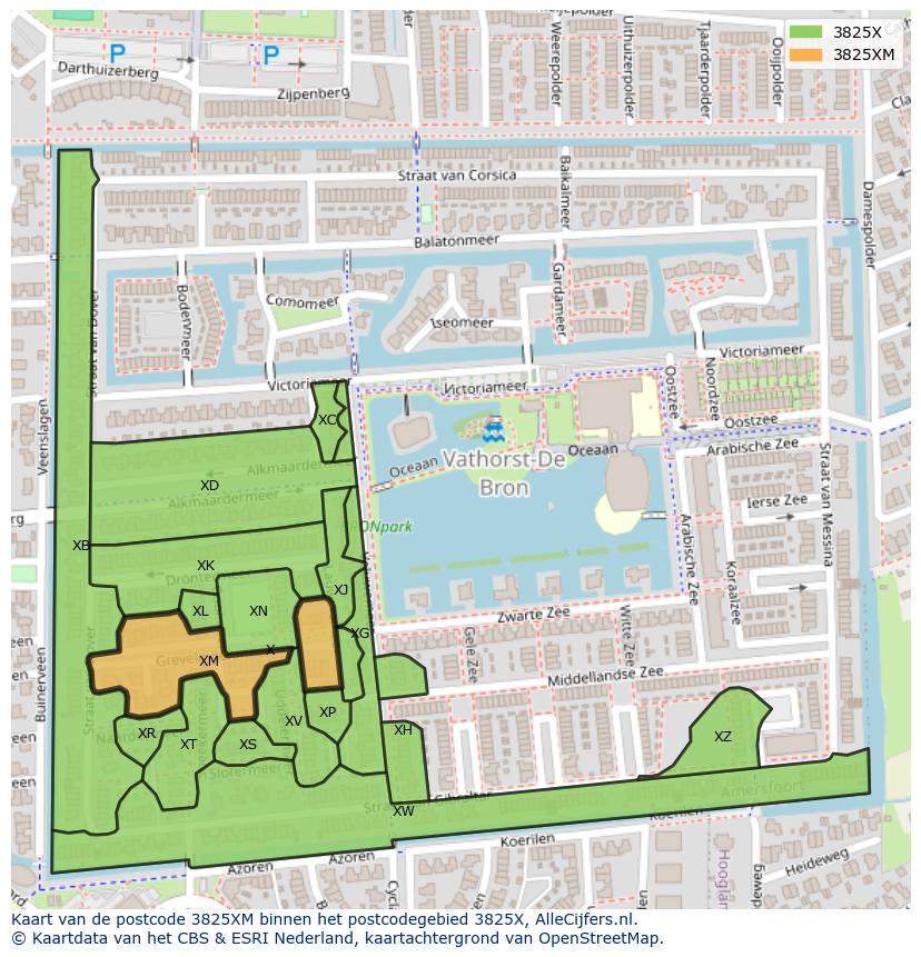 Afbeelding van het postcodegebied 3825 XM op de kaart.