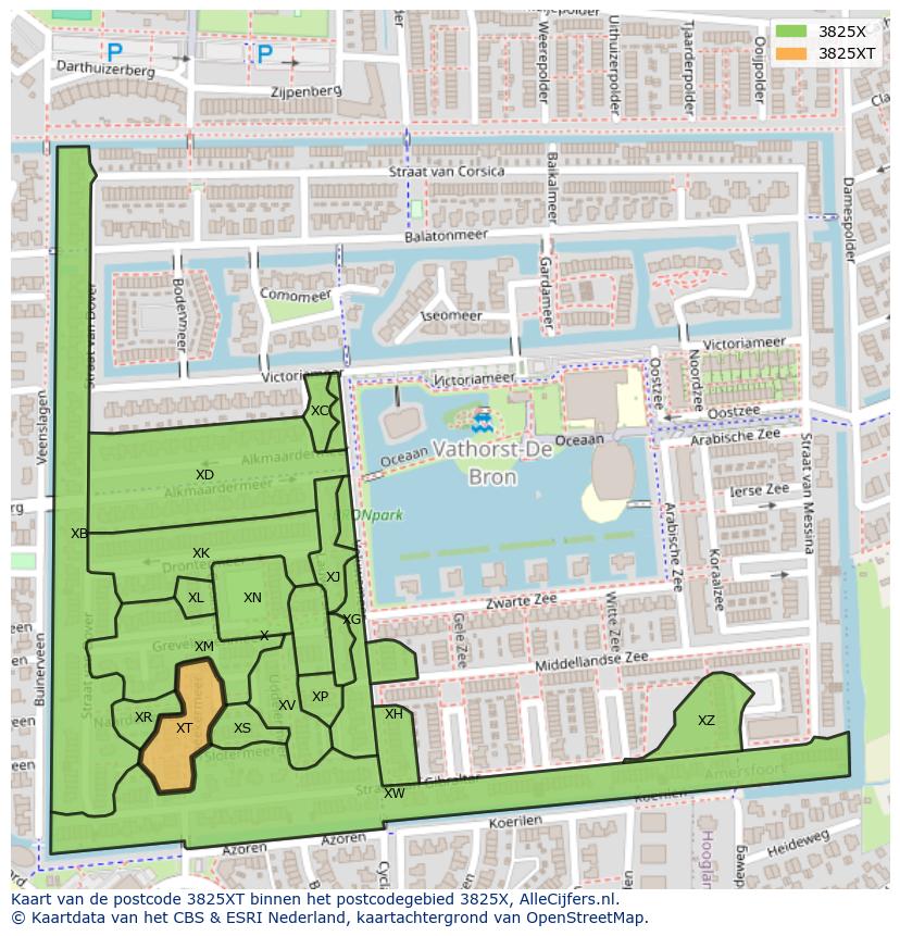Afbeelding van het postcodegebied 3825 XT op de kaart.