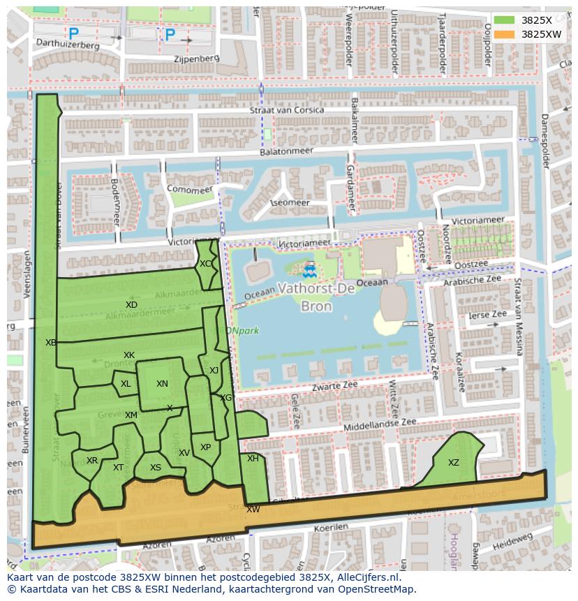 Afbeelding van het postcodegebied 3825 XW op de kaart.