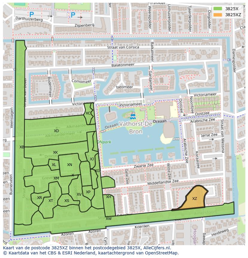 Afbeelding van het postcodegebied 3825 XZ op de kaart.