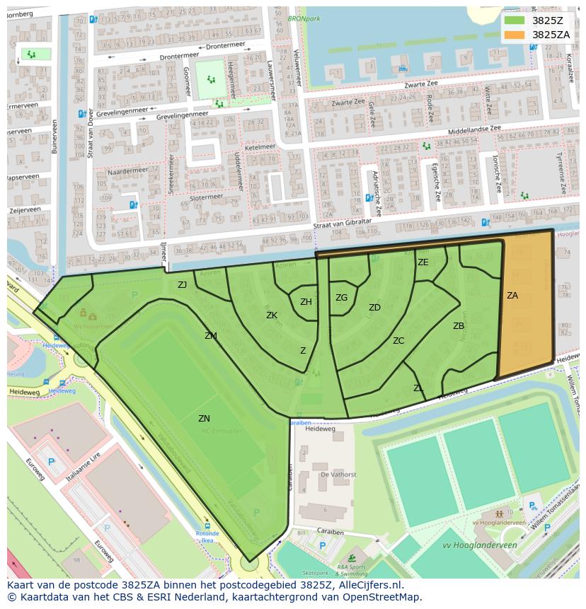 Afbeelding van het postcodegebied 3825 ZA op de kaart.