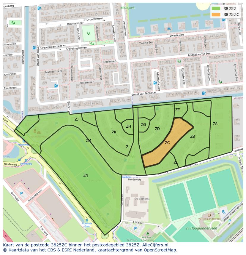 Afbeelding van het postcodegebied 3825 ZC op de kaart.