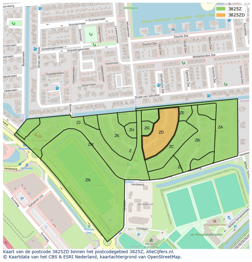 Afbeelding van het postcodegebied 3825 ZD op de kaart.