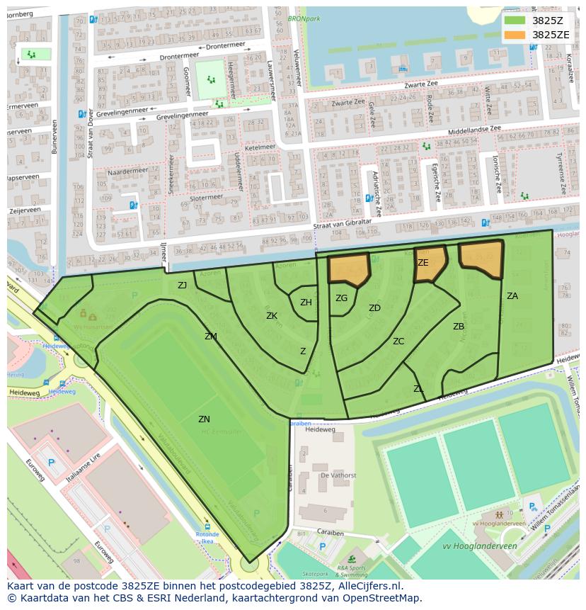 Afbeelding van het postcodegebied 3825 ZE op de kaart.