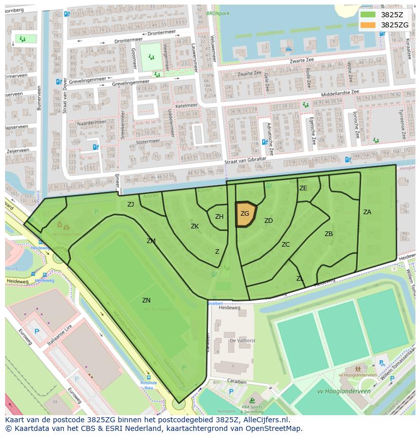 Afbeelding van het postcodegebied 3825 ZG op de kaart.