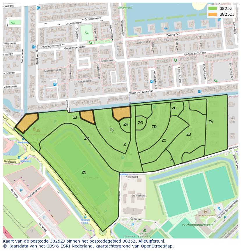 Afbeelding van het postcodegebied 3825 ZJ op de kaart.
