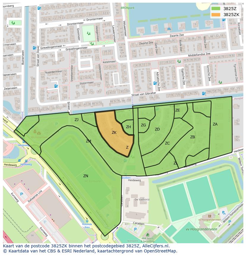 Afbeelding van het postcodegebied 3825 ZK op de kaart.