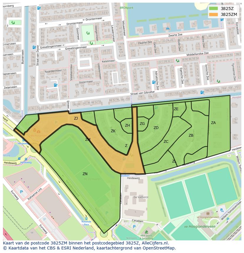 Afbeelding van het postcodegebied 3825 ZM op de kaart.