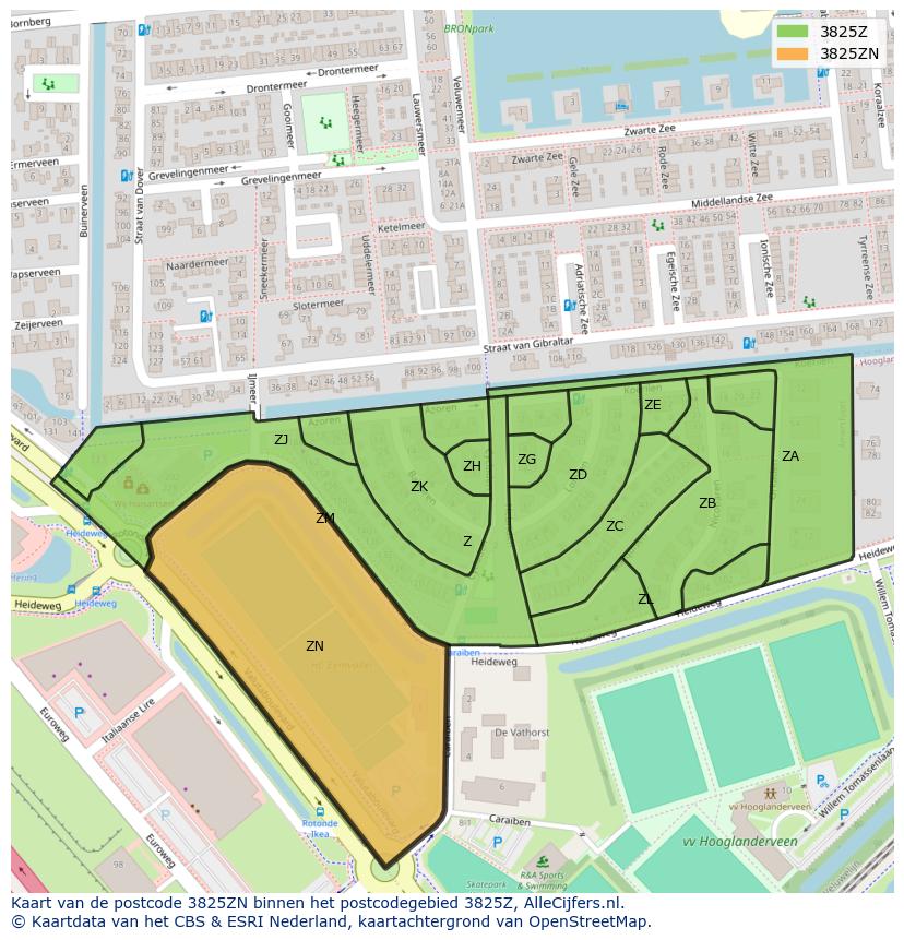 Afbeelding van het postcodegebied 3825 ZN op de kaart.