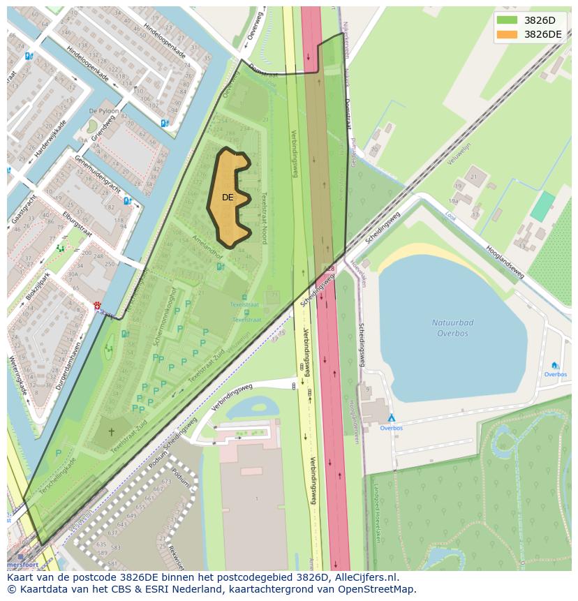 Afbeelding van het postcodegebied 3826 DE op de kaart.