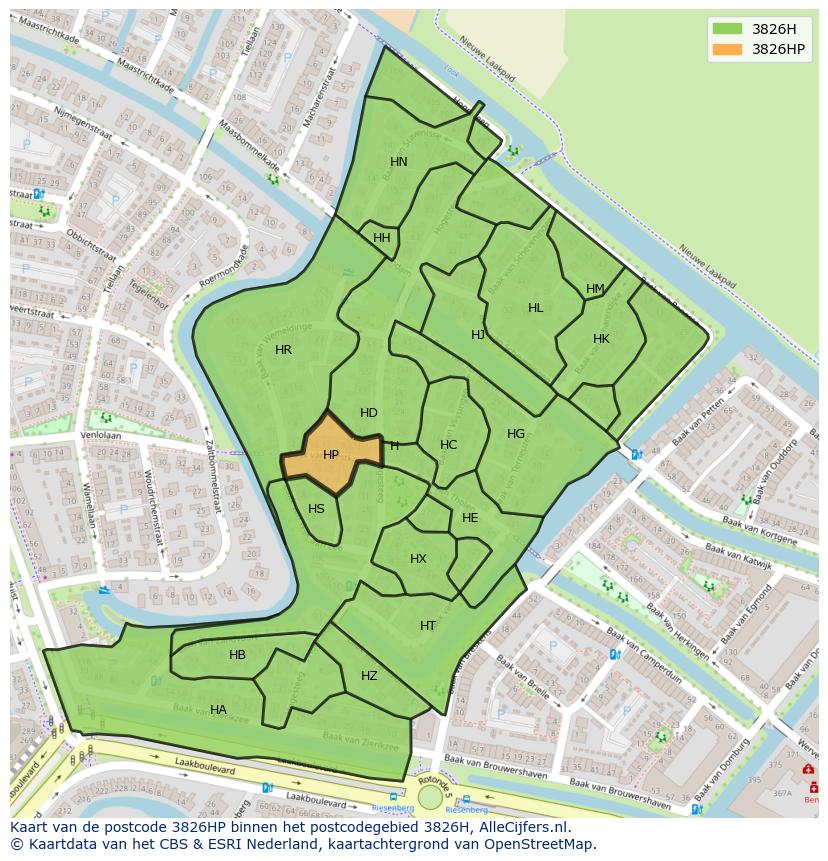 Afbeelding van het postcodegebied 3826 HP op de kaart.