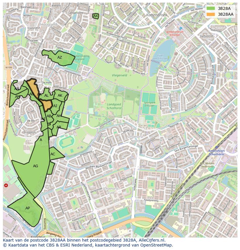 Afbeelding van het postcodegebied 3828 AA op de kaart.