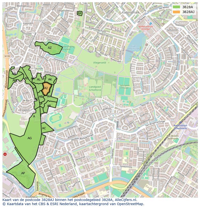 Afbeelding van het postcodegebied 3828 AJ op de kaart.