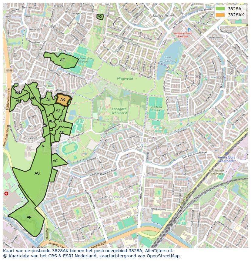 Afbeelding van het postcodegebied 3828 AK op de kaart.