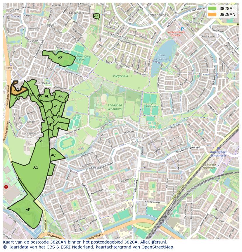 Afbeelding van het postcodegebied 3828 AN op de kaart.