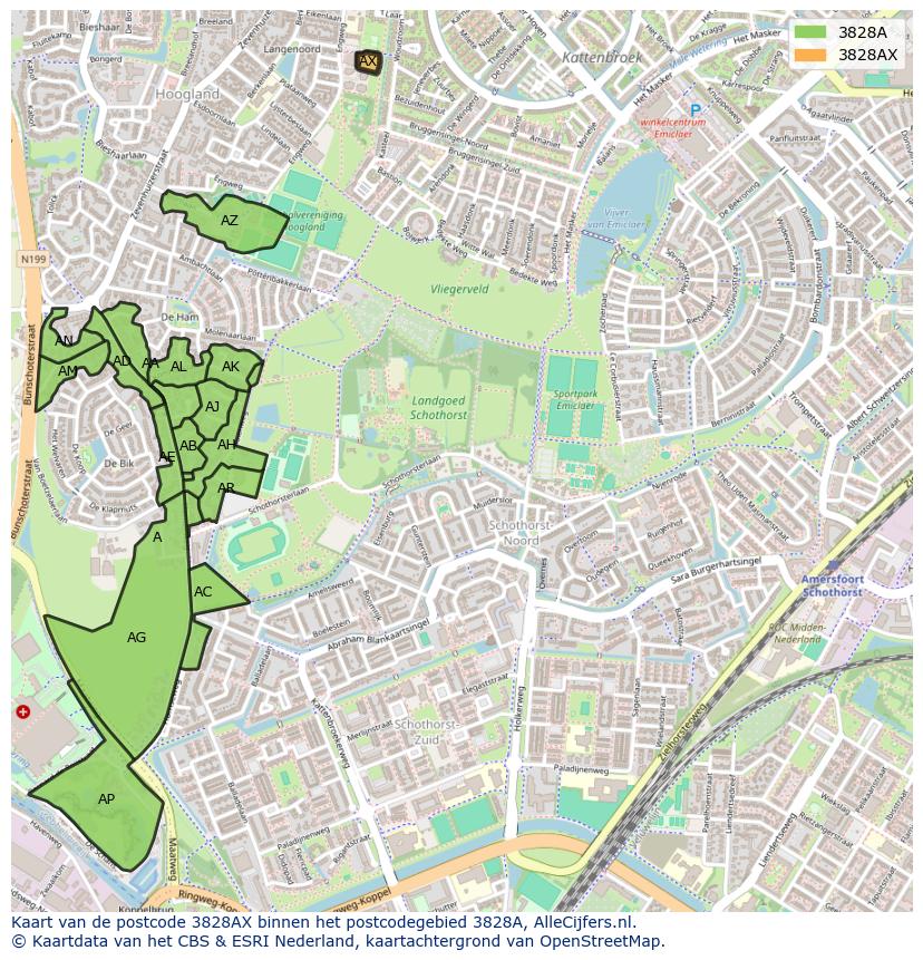 Afbeelding van het postcodegebied 3828 AX op de kaart.