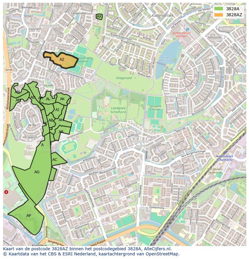 Afbeelding van het postcodegebied 3828 AZ op de kaart.