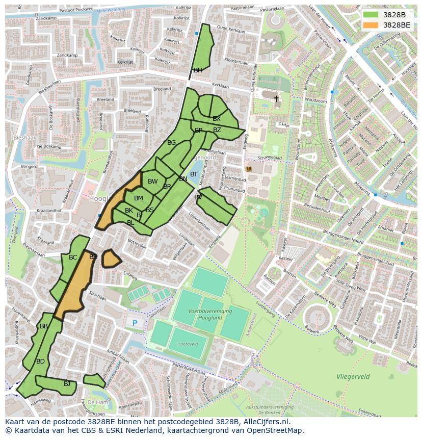 Afbeelding van het postcodegebied 3828 BE op de kaart.