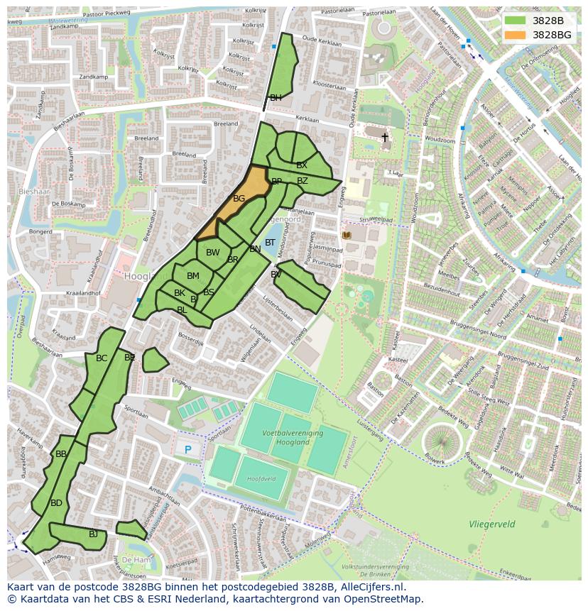 Afbeelding van het postcodegebied 3828 BG op de kaart.