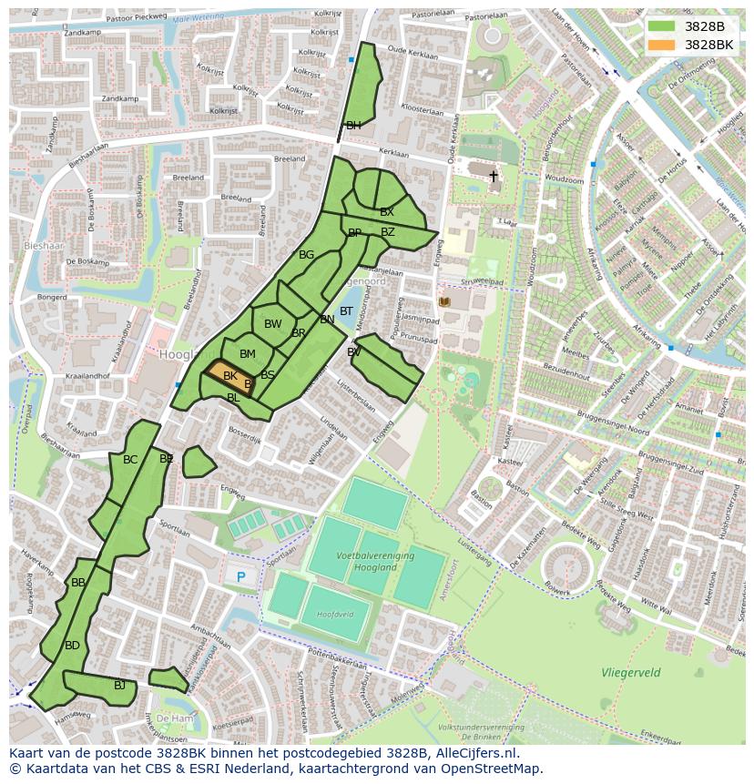 Afbeelding van het postcodegebied 3828 BK op de kaart.