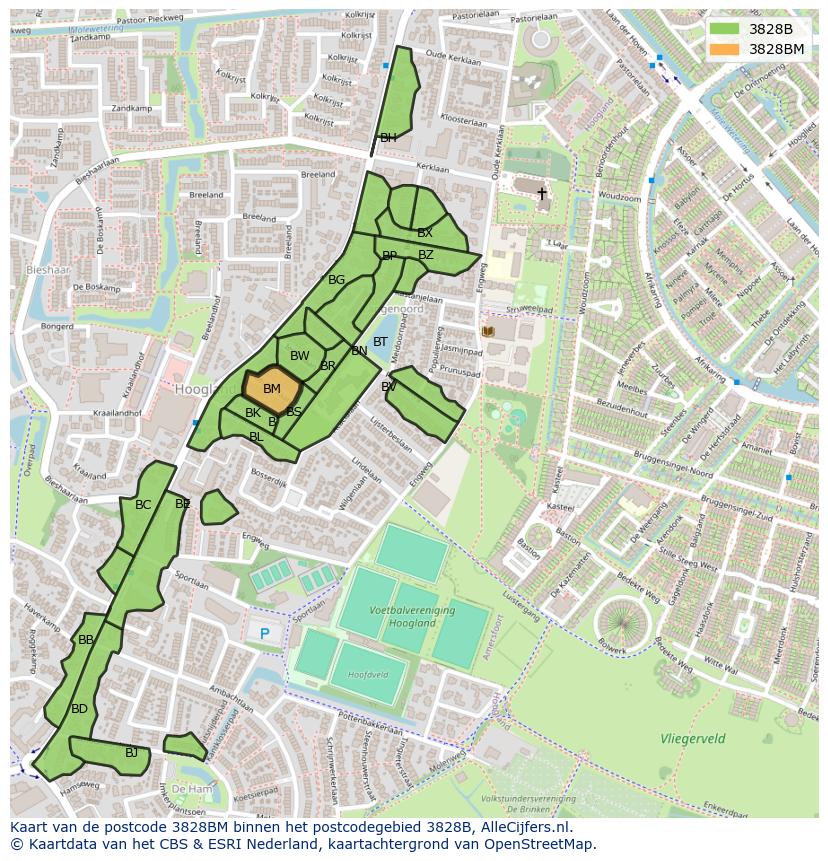 Afbeelding van het postcodegebied 3828 BM op de kaart.