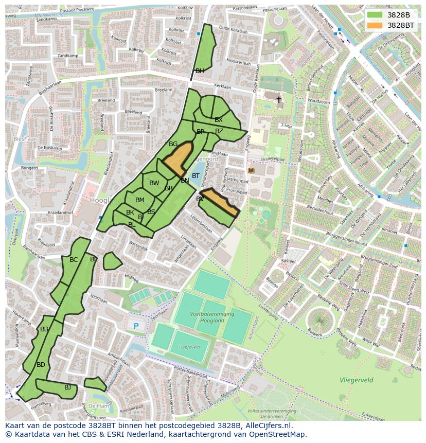Afbeelding van het postcodegebied 3828 BT op de kaart.