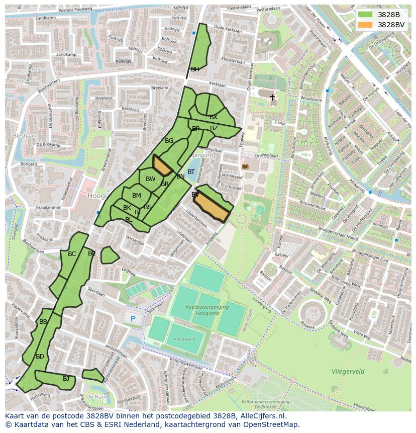 Afbeelding van het postcodegebied 3828 BV op de kaart.
